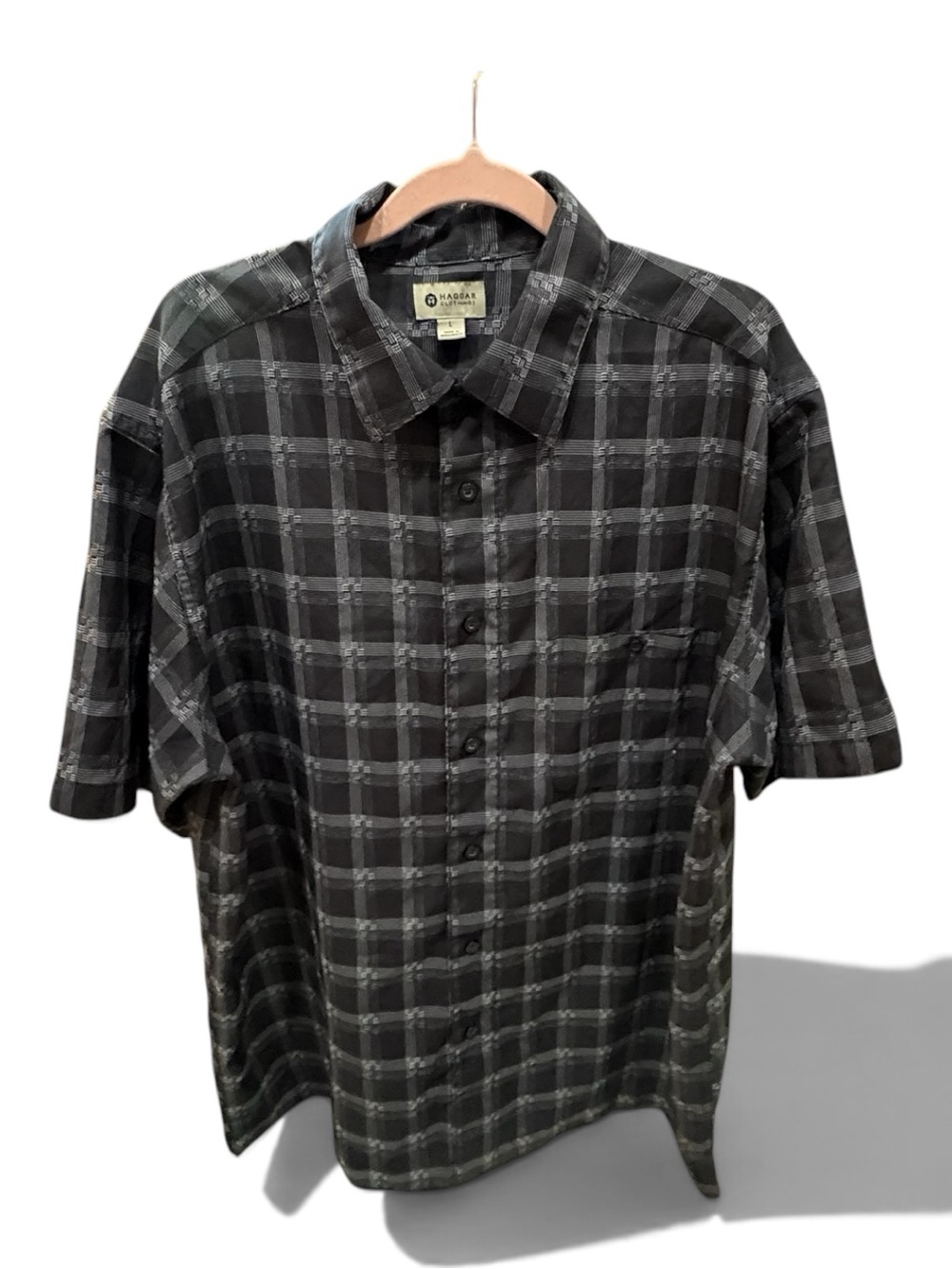 Haggar Men’s Large Black Gray Plaid Short Sleeve Button Down Shirt